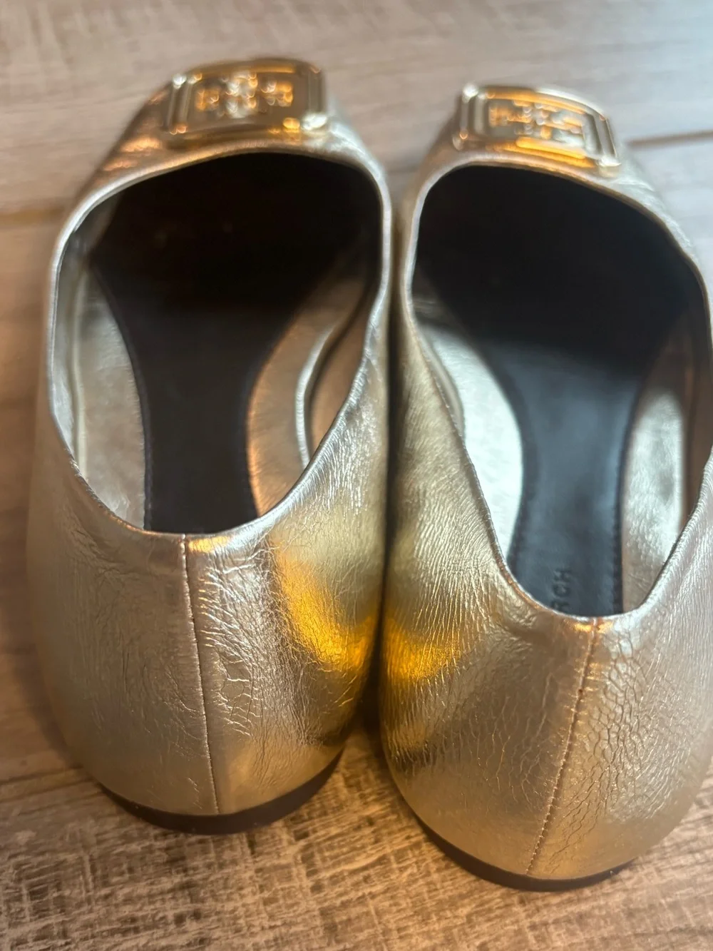 Tory Burch Georgia Metallic Gold Square-Toe Logo Ballet Flats size 8